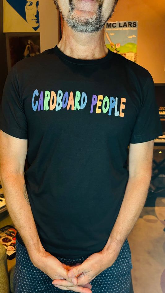 Black shirt with rainbow lettering of the band name Cardboard people